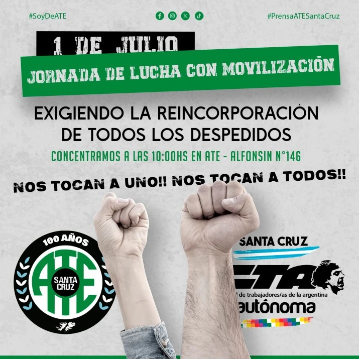Este lunes 1° de julio marcharán en Río Gallegos contra los despidos de trabajadores de organismos estatales nacionales