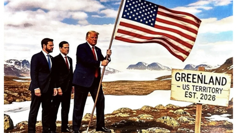 Trump publicó una imagen suya poniendo la bandera de Estados Unidos en Groenlandia