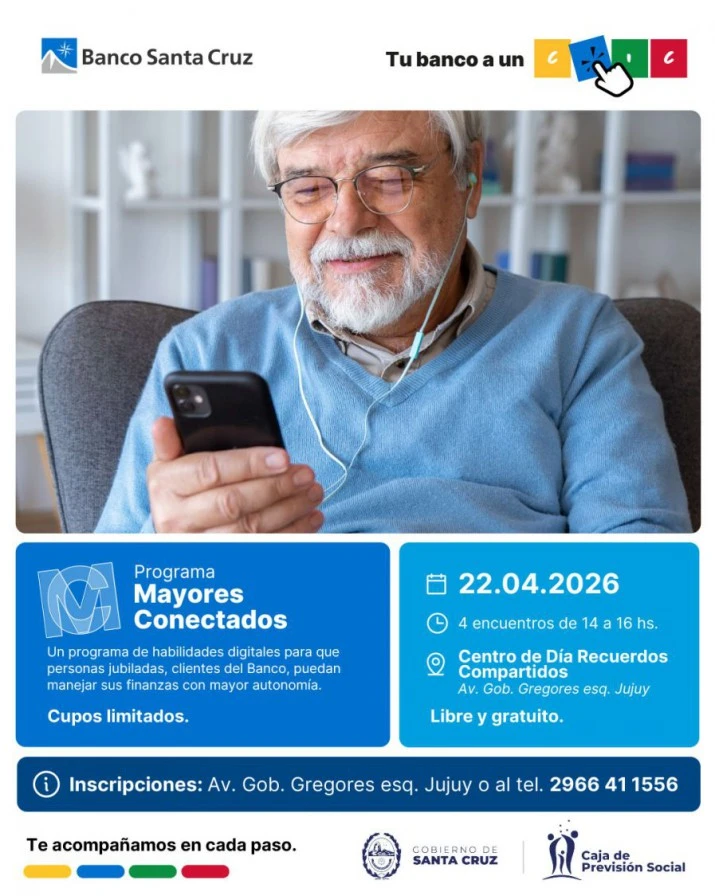 Relanzan el programa "Mayores Conectados / Tu Banco a un Clic" para jubilados de Santa Cruz 