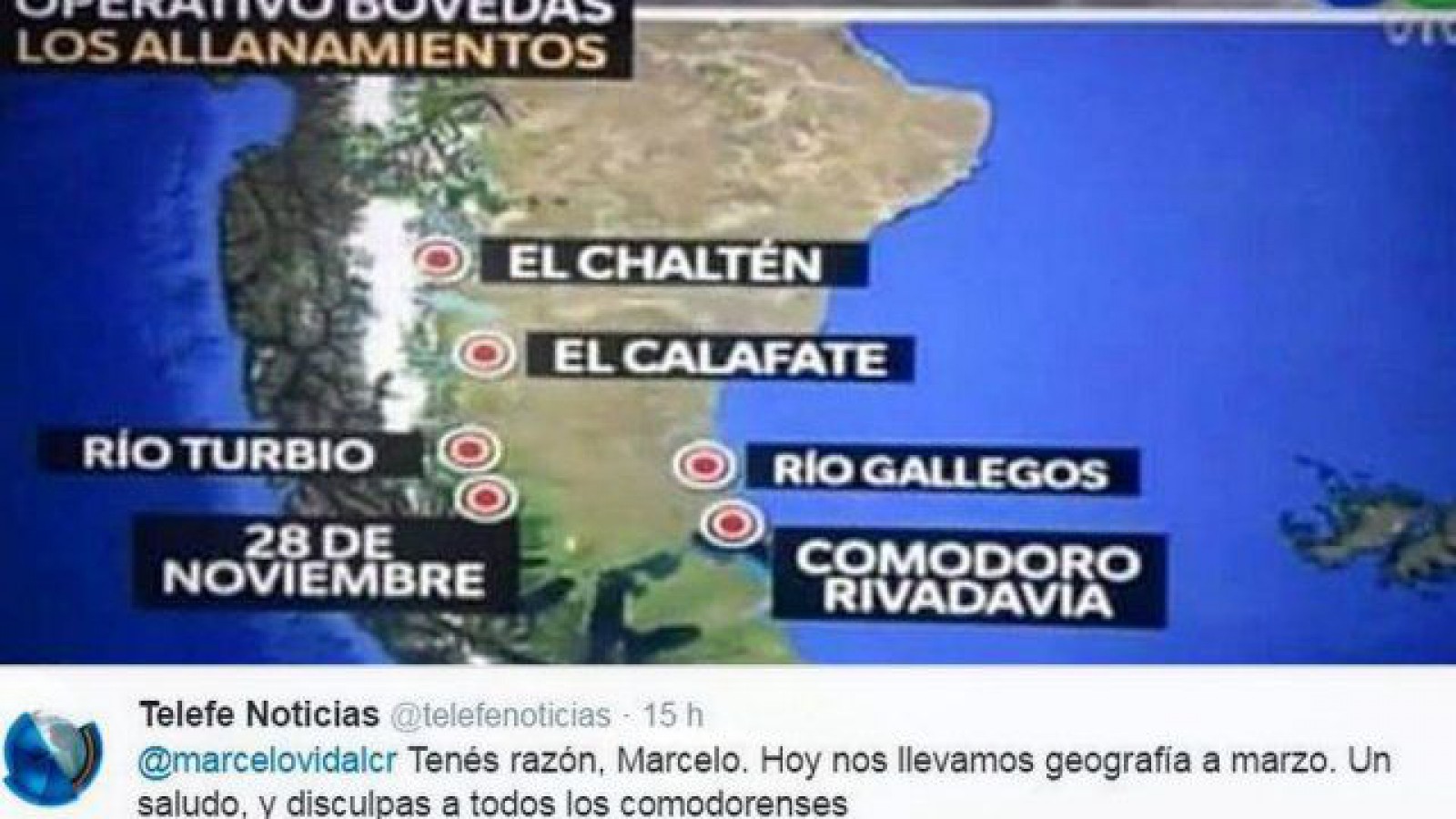 Telefé se disculpó por incluir a Comodoro Rivadavia en Santa Cruz